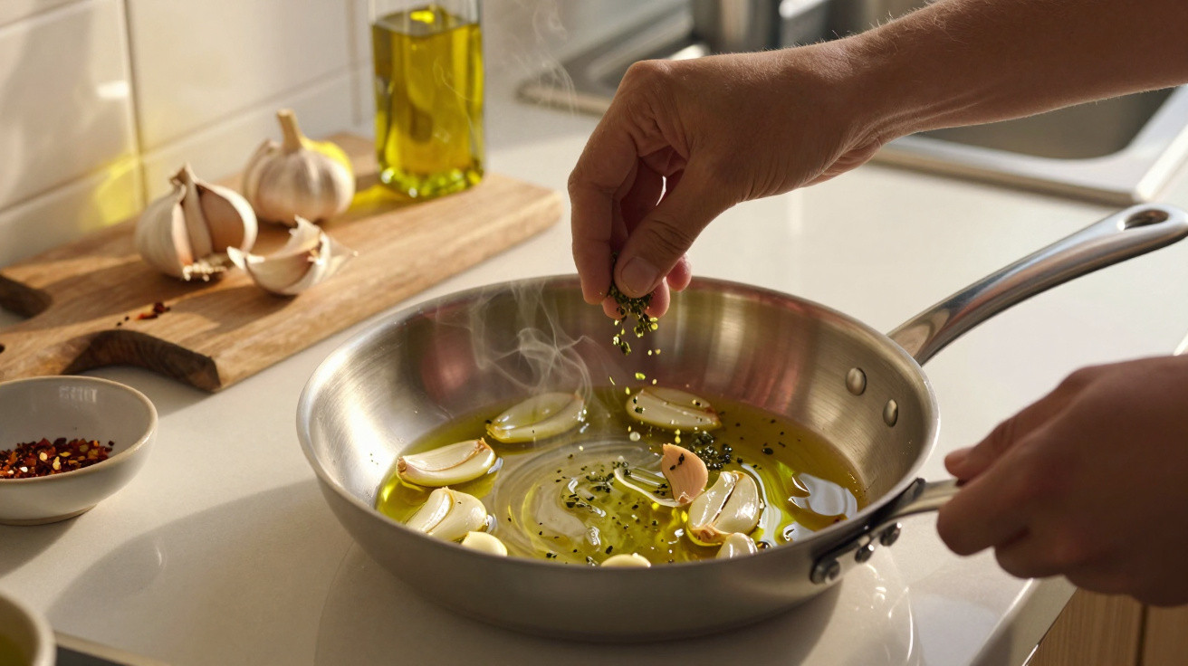 Hände würzen Knoblauch und Öl in einer Pfanne auf weißer Küchenarbeitsplatte.