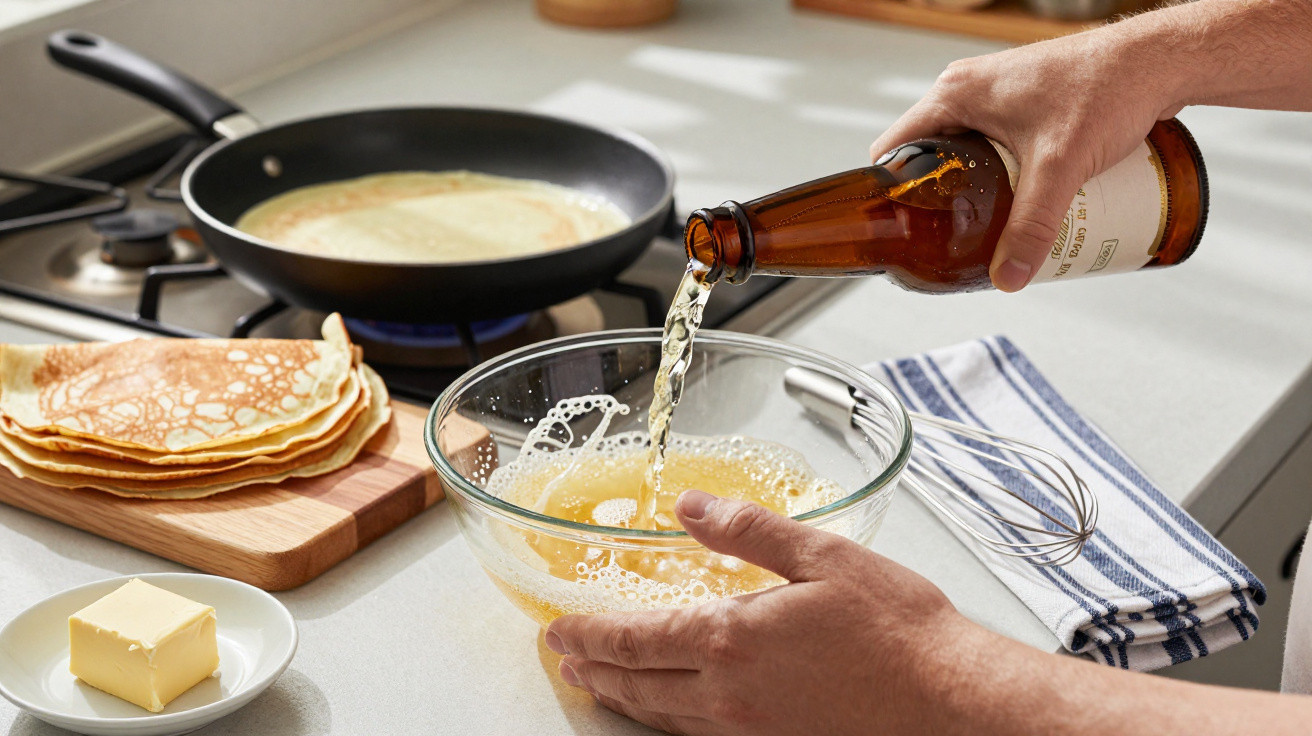 Person gießt Bier in eine Schüssel mit Pfannkuchenteig, Stapel Pfannkuchen und Butter auf der Arbeitsplatte.