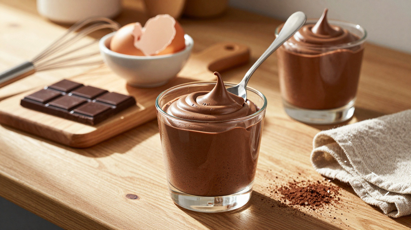 Zwei Gläser mit luftiger Schokoladenmousse auf Holztisch, daneben Schokoladenstückchen und Eierschale.