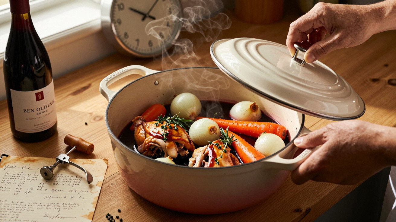Dampfende Schmortöpfe mit Hähnchenschenkeln, Karotten, Zwiebeln und frischen Kräutern in der Küche.