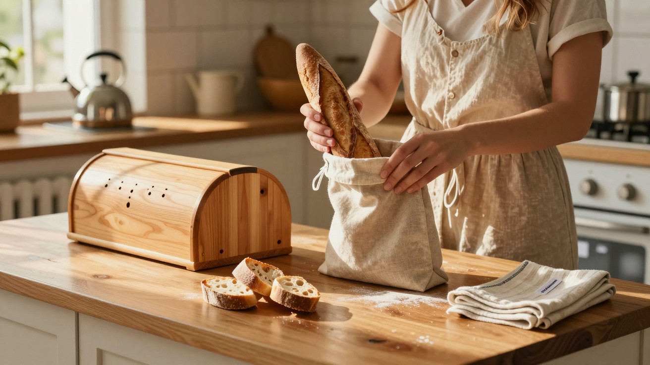 Frau packt Baguette in Stoffbeutel, Holz-Brotdose und Brotscheiben auf Küchentisch bei Tageslicht.