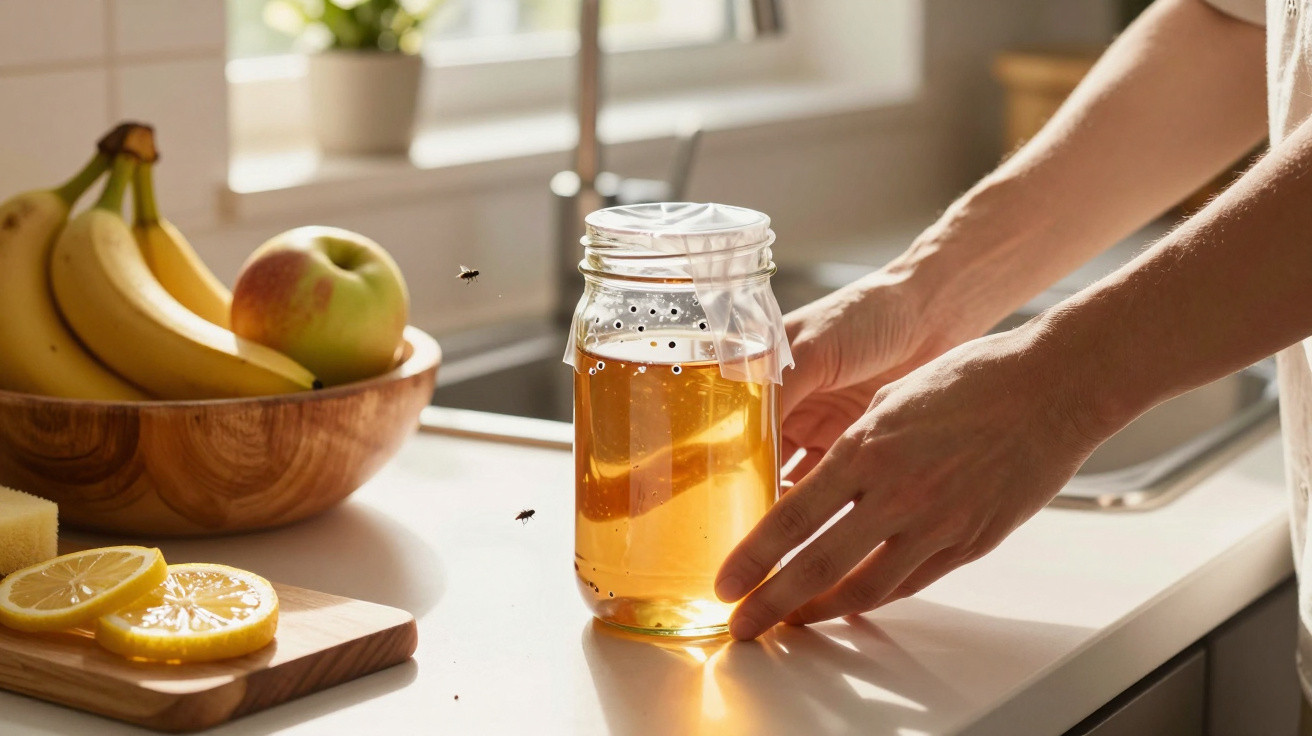 Honigglas mit Fliegenschutz auf weißer Küchentheke, Hände berühren das Glas, Obstschale und Zitronen im Hintergrund.