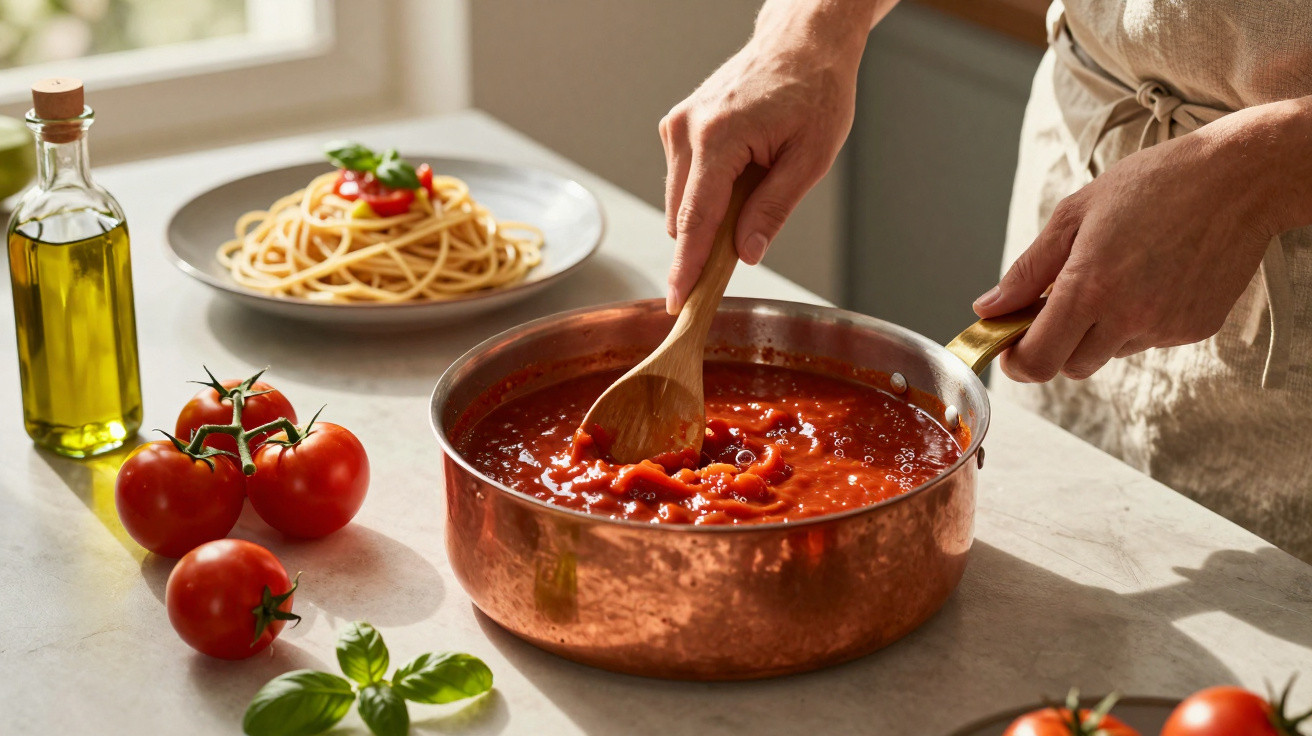 Person rührt rote Tomatensauce in Kupferpfanne, daneben frische Tomaten, Basilikum, Olivenöl und Spaghetti.