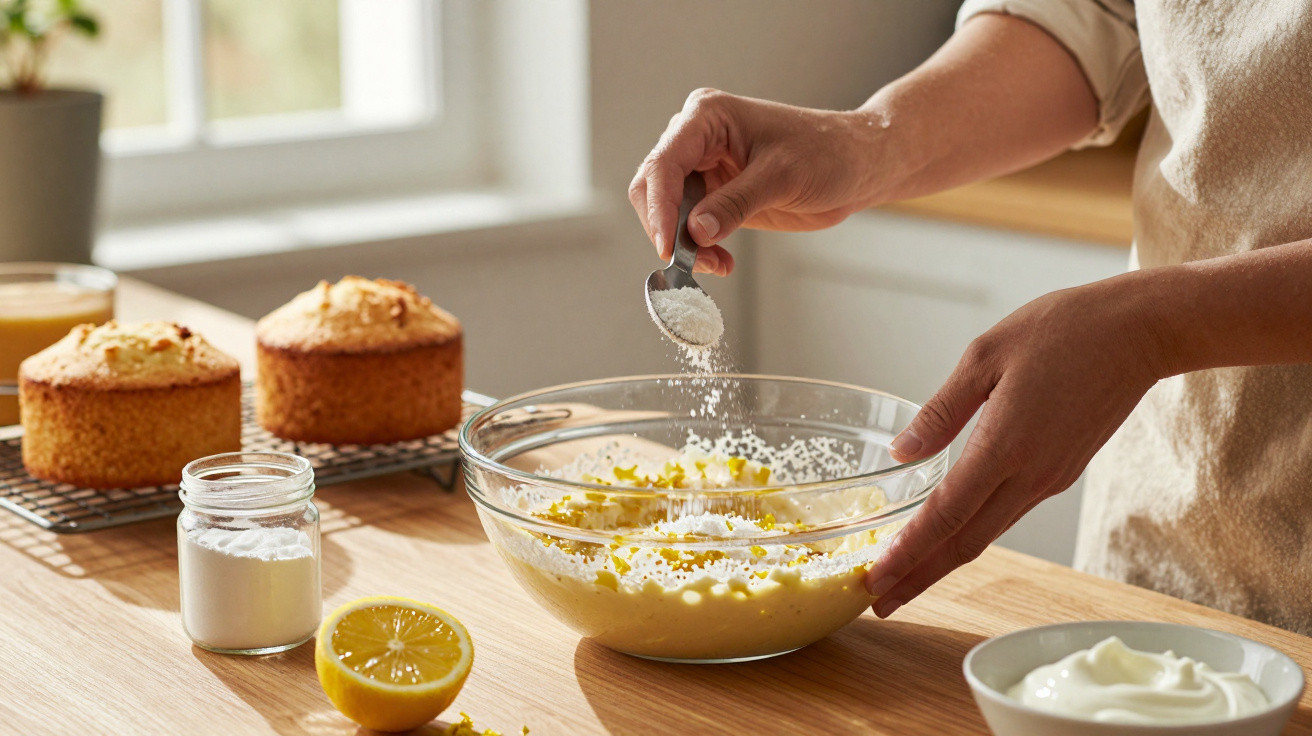 Person streut Zucker in eine Glasschüssel mit Teig, Zitronenhälfte und Muffins im Hintergrund.