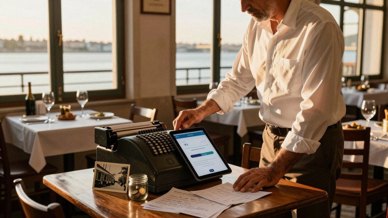 Älterer Mann tippt auf Tablet neben alter Registrierkasse in hellem Restaurant mit Blick auf Wasser.