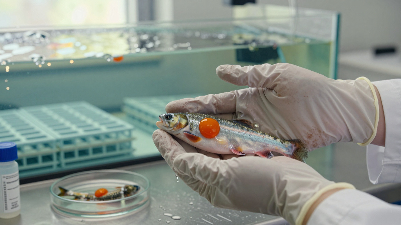 Forscher mit Handschuhen halten einen Fisch mit orangefarbener Markierung in einem Labor.