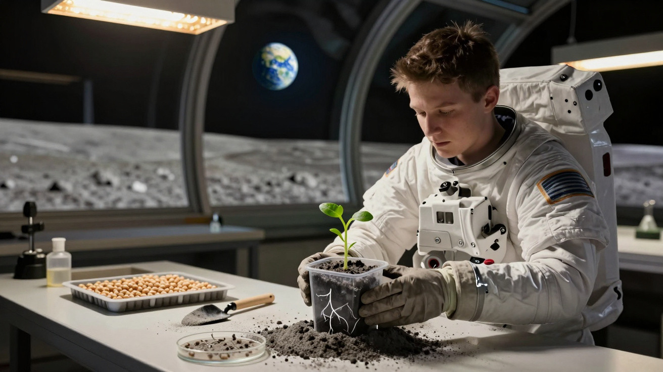 Astronaut in Raumanzug untersucht Setzling mit Erde in Mondbasis mit Blick auf Erde im Hintergrund.