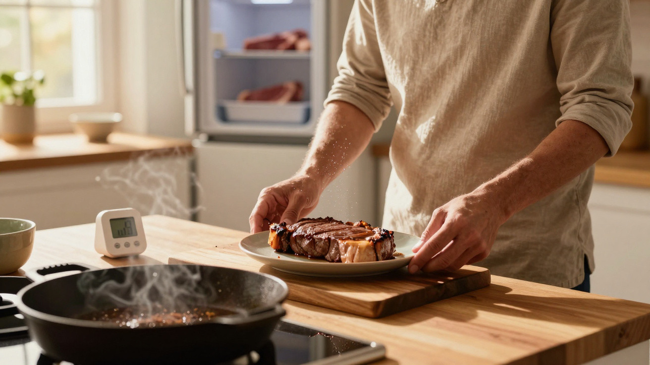 Person legt gegrilltes Steak auf Teller in moderner Küche mit Pfanne und Küchentimer auf Arbeitsplatte