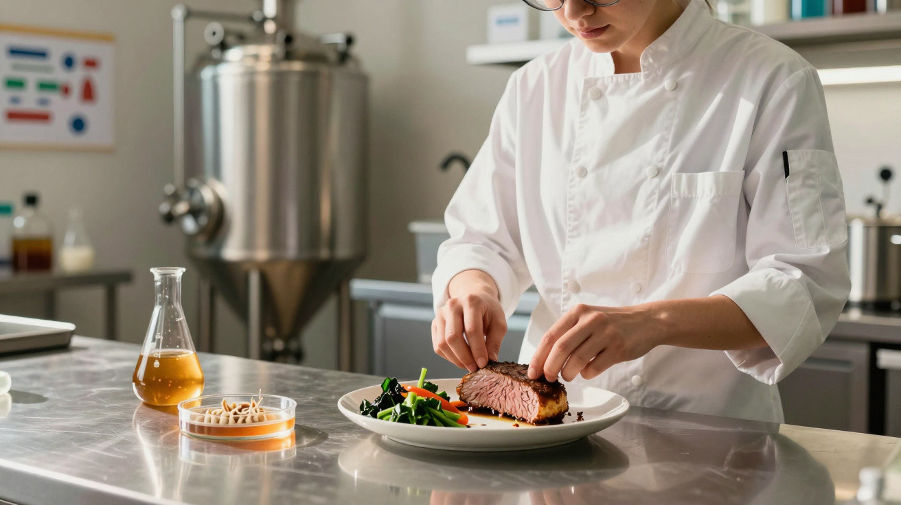 Koch in weißer Uniform richtet ein Gericht mit Fleisch und Gemüse in professioneller Küche an.