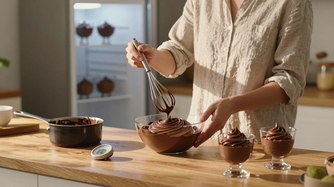 Person rührt Schokoladenmousse in einer Schüssel in moderner Küche mit zwei Gläsern Mousse auf Theke