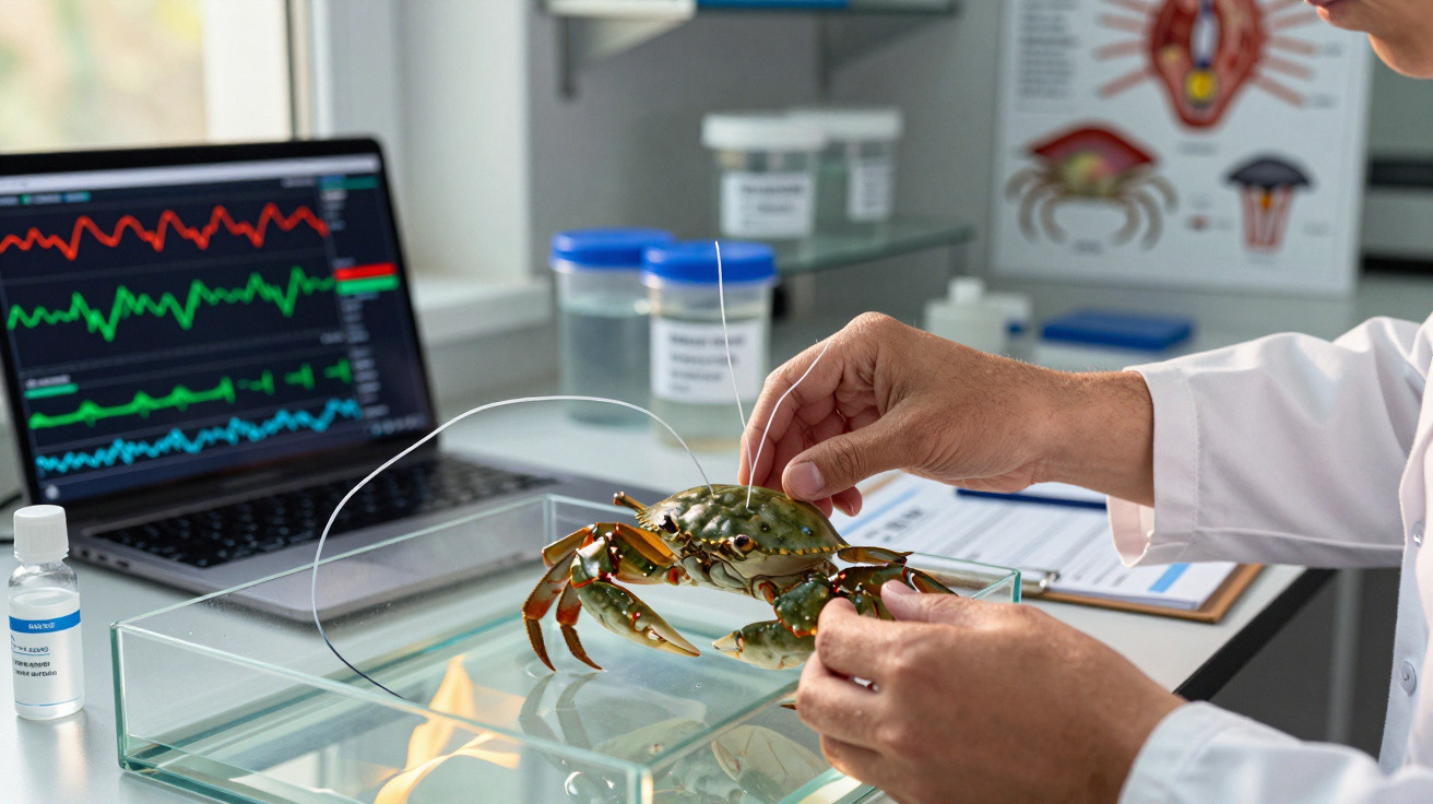 Meeresbiologe untersucht Krabbe mit Sensoren in einem Labor mit Laptop und Laborgeräten im Hintergrund.