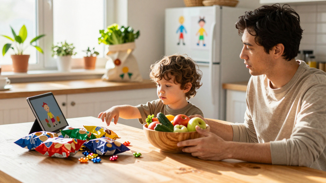 Vater und Sohn sitzen an einem Tisch, schauen ein Video auf einem Tablet und haben Obst und Gemüse vor sich.