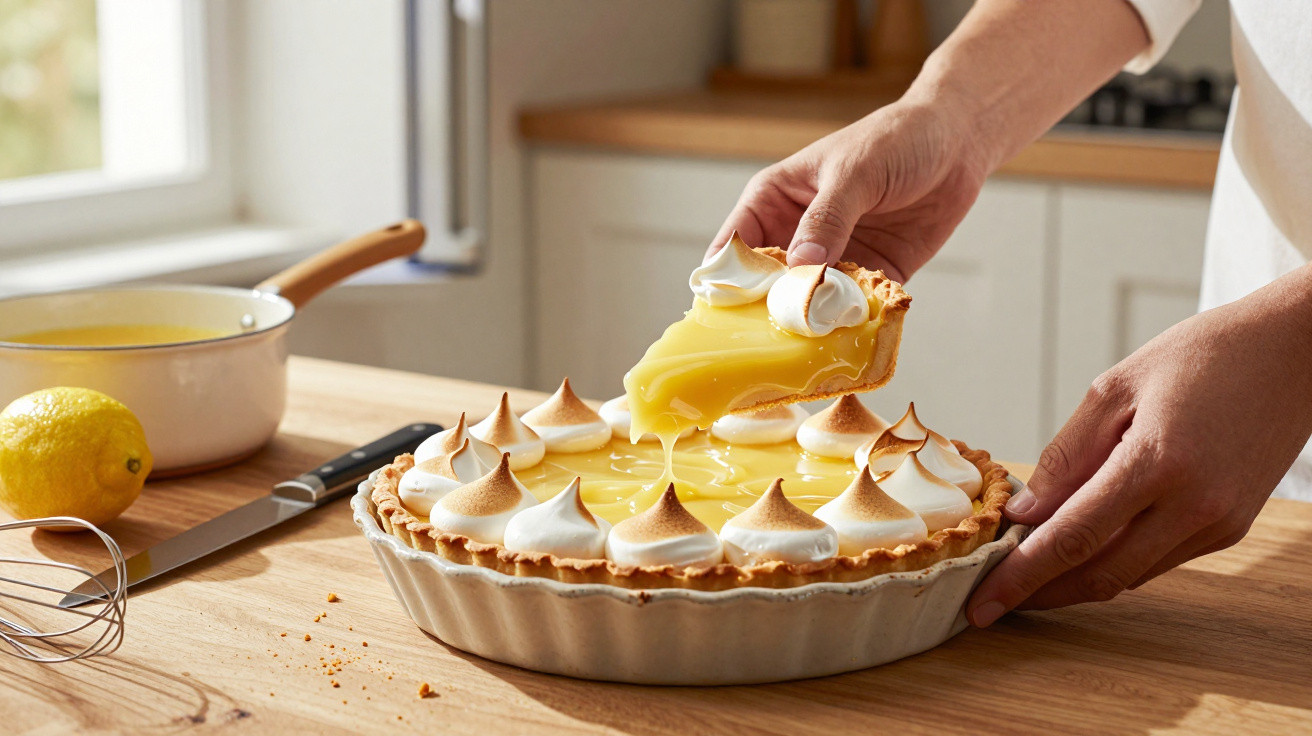 Hände heben ein Stück Zitronen-Baiser-Torte aus einer Form auf einem Holztisch in der Küche.