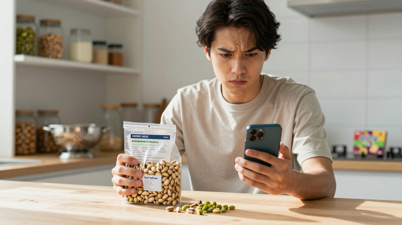 Mann überprüft besorgt auf Smartphone Informationen, während er Tüte mit Pistazien in der Küche hält.