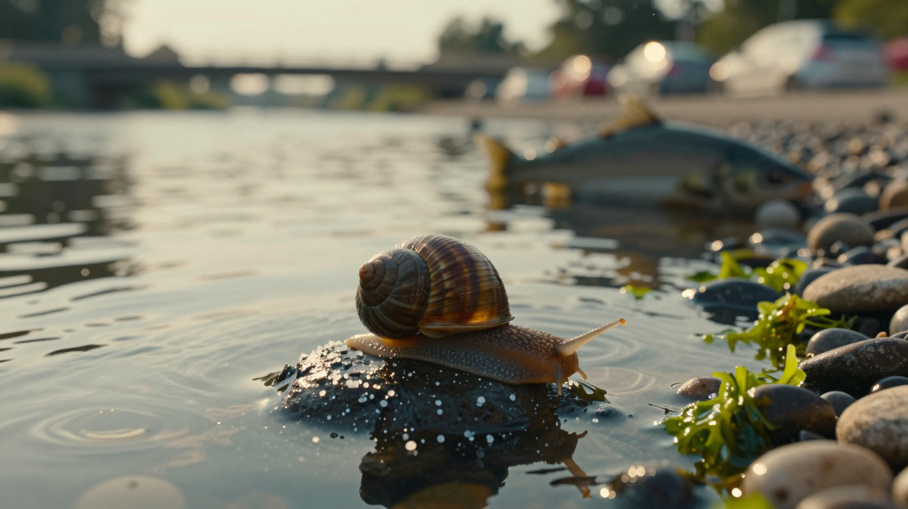 Eine Schnecke kriecht auf einem nassen Stein am Ufer eines Gewässers bei Sonnenlicht.