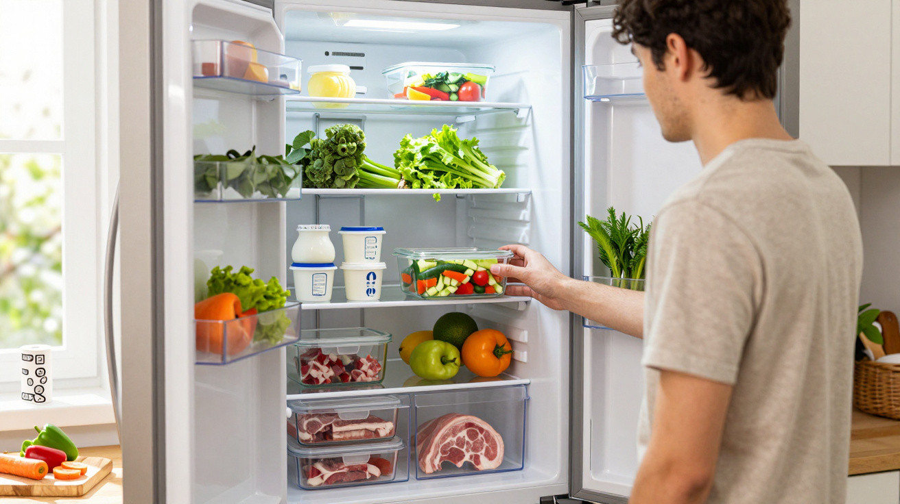 Mann öffnet Kühlschrank mit frischem Gemüse, Milchprodukten und rohem Fleisch in durchsichtigen Behältern.