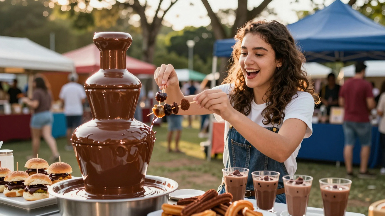 Junge Frau taucht Obstspieße in Schokoladenbrunnen auf einem Streetfood-Markt im Freien.