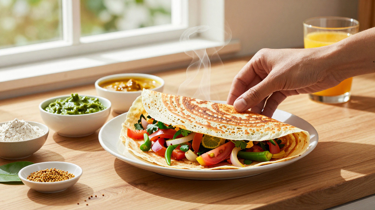 Hand hebt Dosa mit Gemüsefüllung neben Schalen mit Soßen und Gewürzen auf Holzplatte am Fenster.