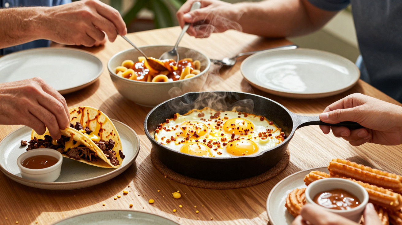 Bratpfanne mit Spiegeleiern, Tacos, Churros und Donuts, Hände servieren Essen an einem Holztisch.