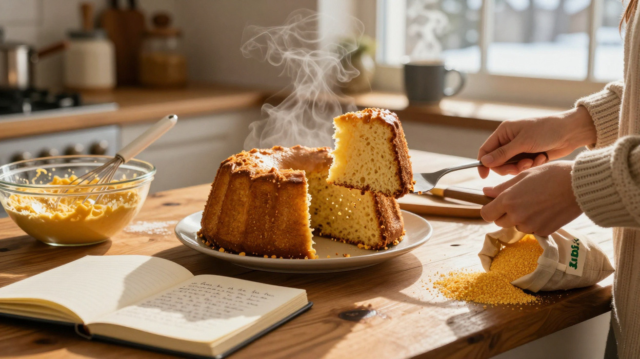 Frisch gebackener Gugelhupf auf Teller, dampfend, neben Schüssel mit Teig und geöffnetem Rezeptbuch in Küche.