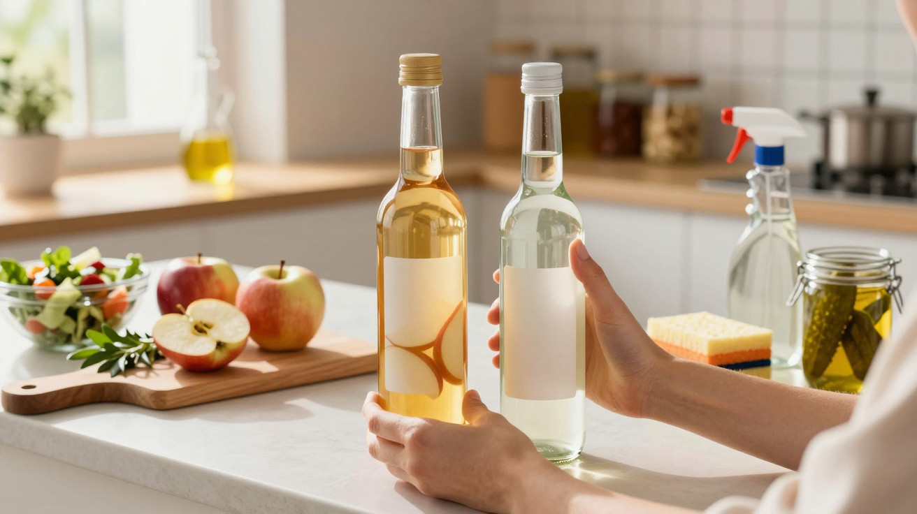 Hände halten zwei Flaschen mit hellen Flüssigkeiten in moderner Küche mit Obst, Salat und Reinigungsmitteln.