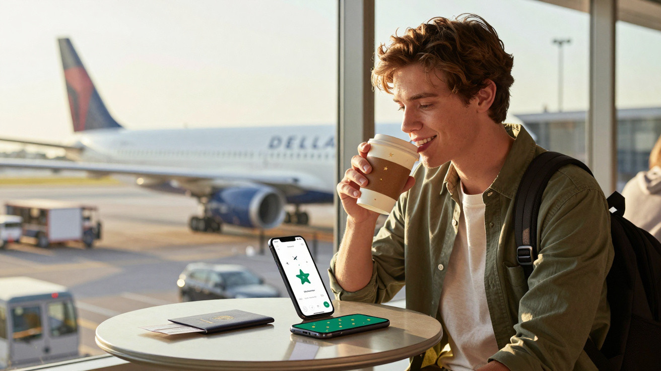 Mann mit Rucksack trinkt Kaffee am Flughafen, blickt auf Smartphone mit digitalem Flugticket, Flugzeug im Hintergrund.