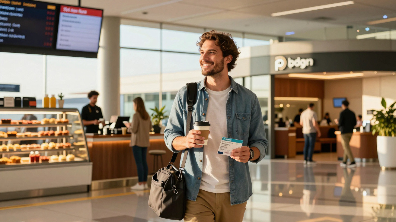 Junger Mann hält Flugticket und Kaffee in einem Flughafen mit Café im Hintergrund.