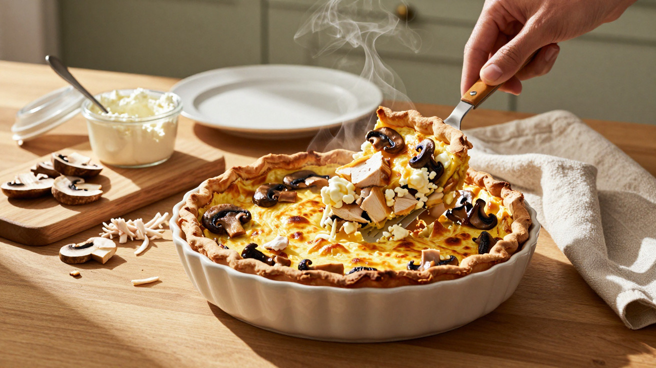 Hand hebt dampfendes Stück herzhafte Pilz-Quiche mit Mozzarella aus weißem Keramikform auf Holztisch.