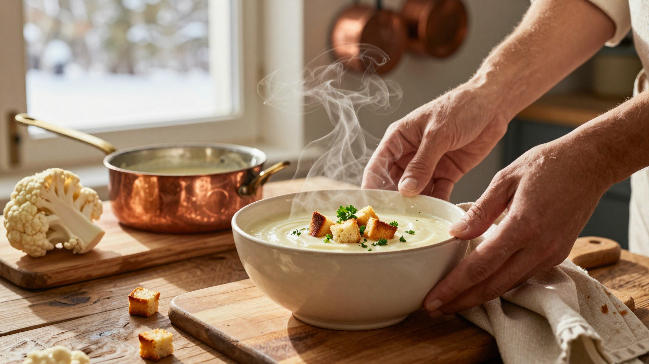Dampfende Blumenkohlsuppe mit Croutons und Petersilie in weißer Schüssel auf Holzbrett in Küche