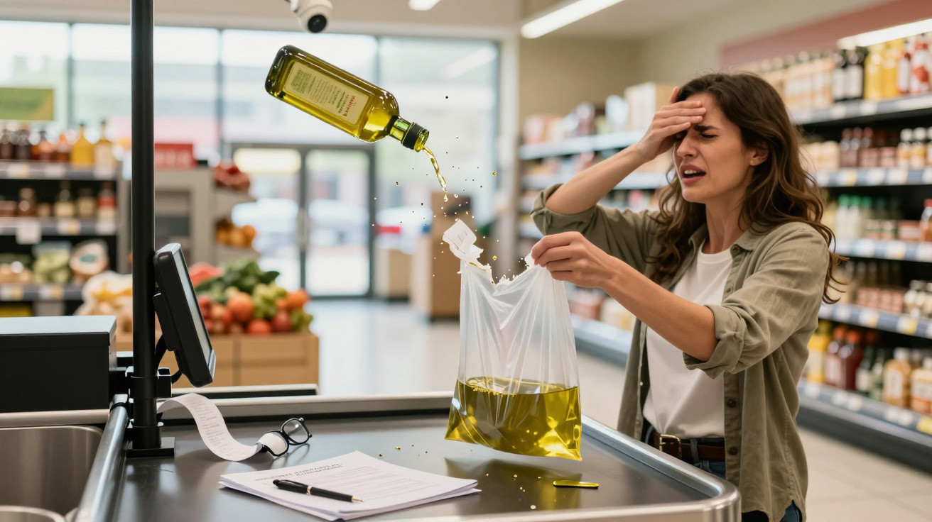 Frau im Supermarkt verschüttet Öl aus Flasche in Einkaufstüte und fasst sich mit schmerzverzerrtem Gesicht an die Stirn.
