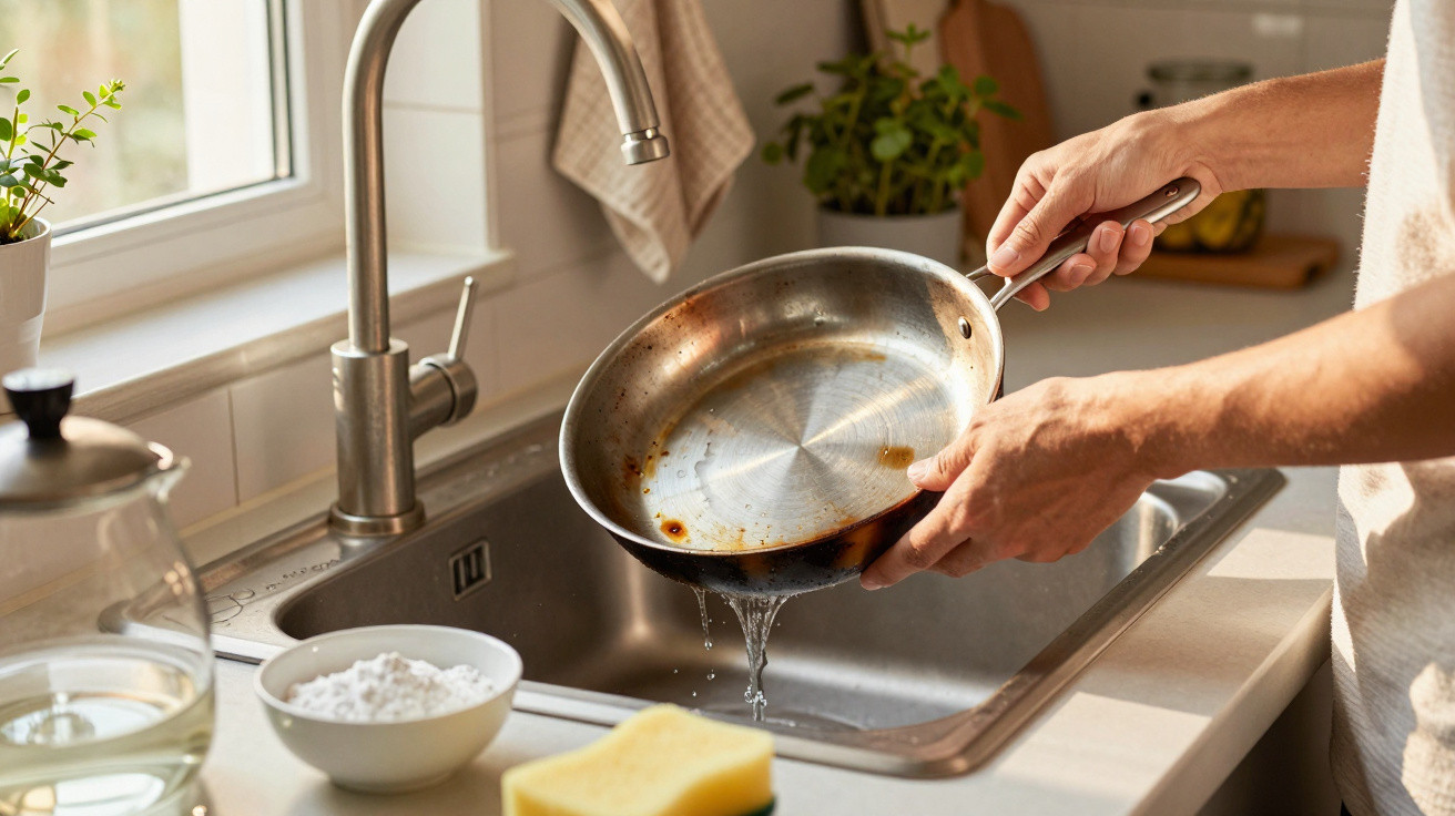 Person spült eine verschmutzte Bratpfanne über der Küchenspüle mit Wasserhahn und Küchenutensilien im Hintergrund