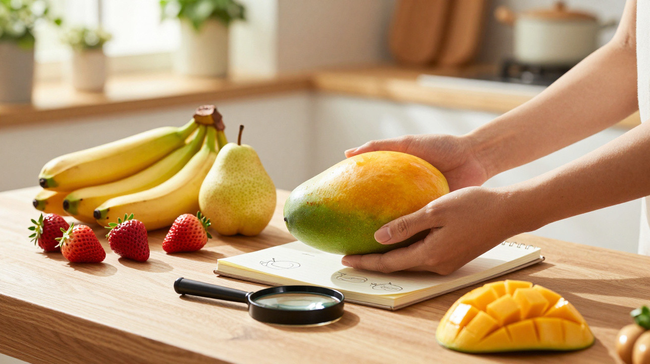 Hände halten eine Mango auf einem Tisch mit Bananen, Birne, Erdbeeren, Notizbuch und Lupe in einer Küche.