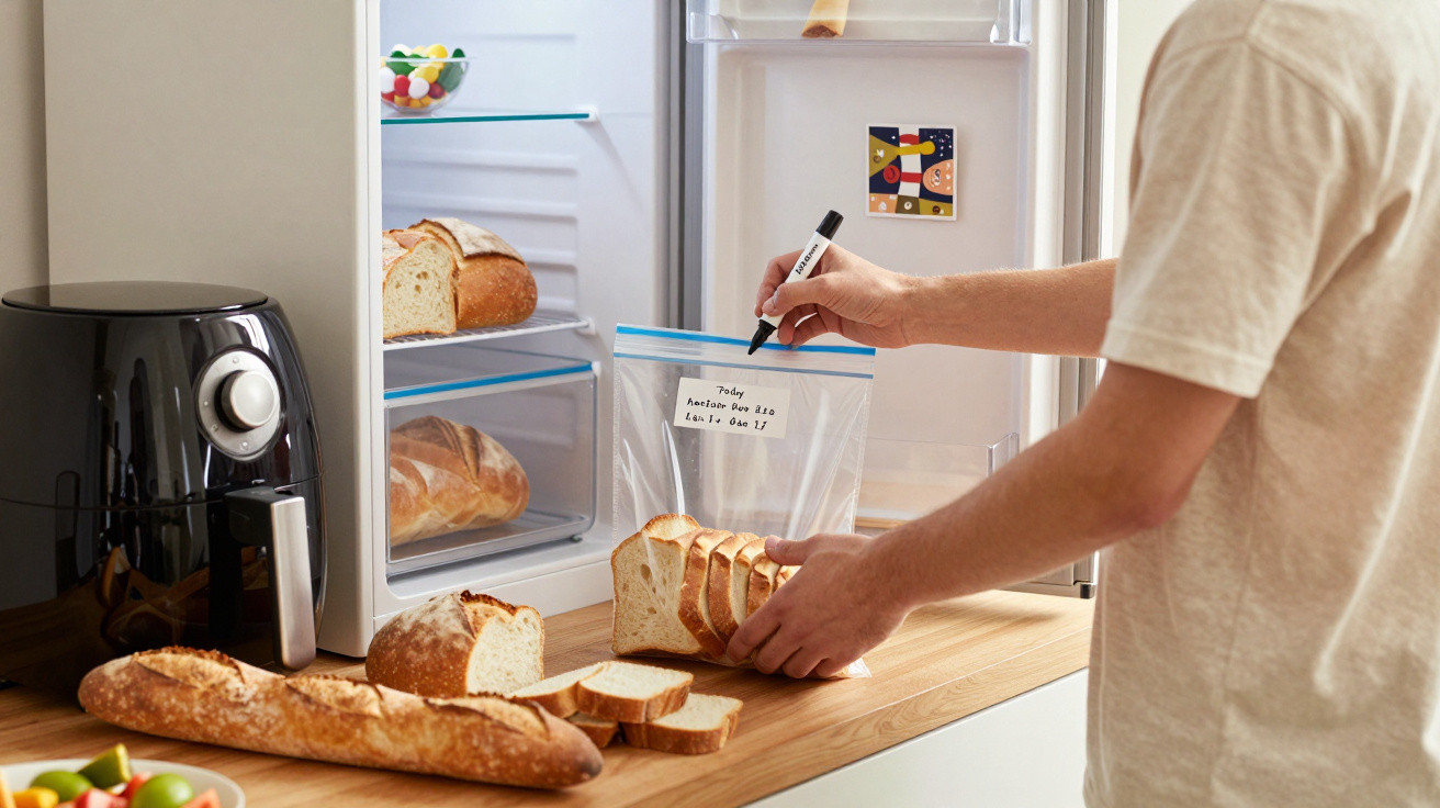 Person beschriftet Gefrierbeutel mit Brot vor offenem Kühlschrank mit Brot und Luftfritteuse auf Holzarbeitsplatte.