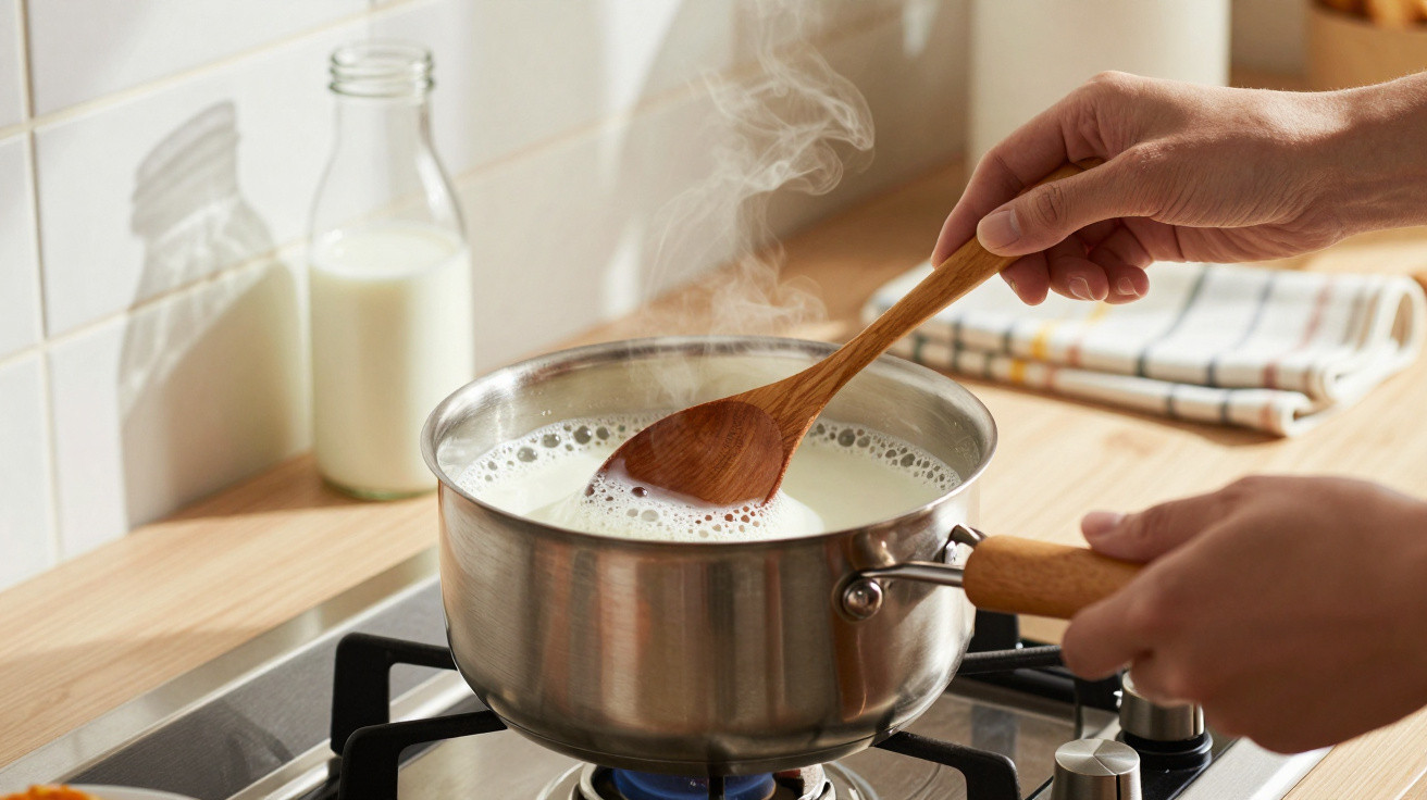 Person rührt dampfende Milch in einem Kochtopf auf einem Gasherd mit Holzlöffel.