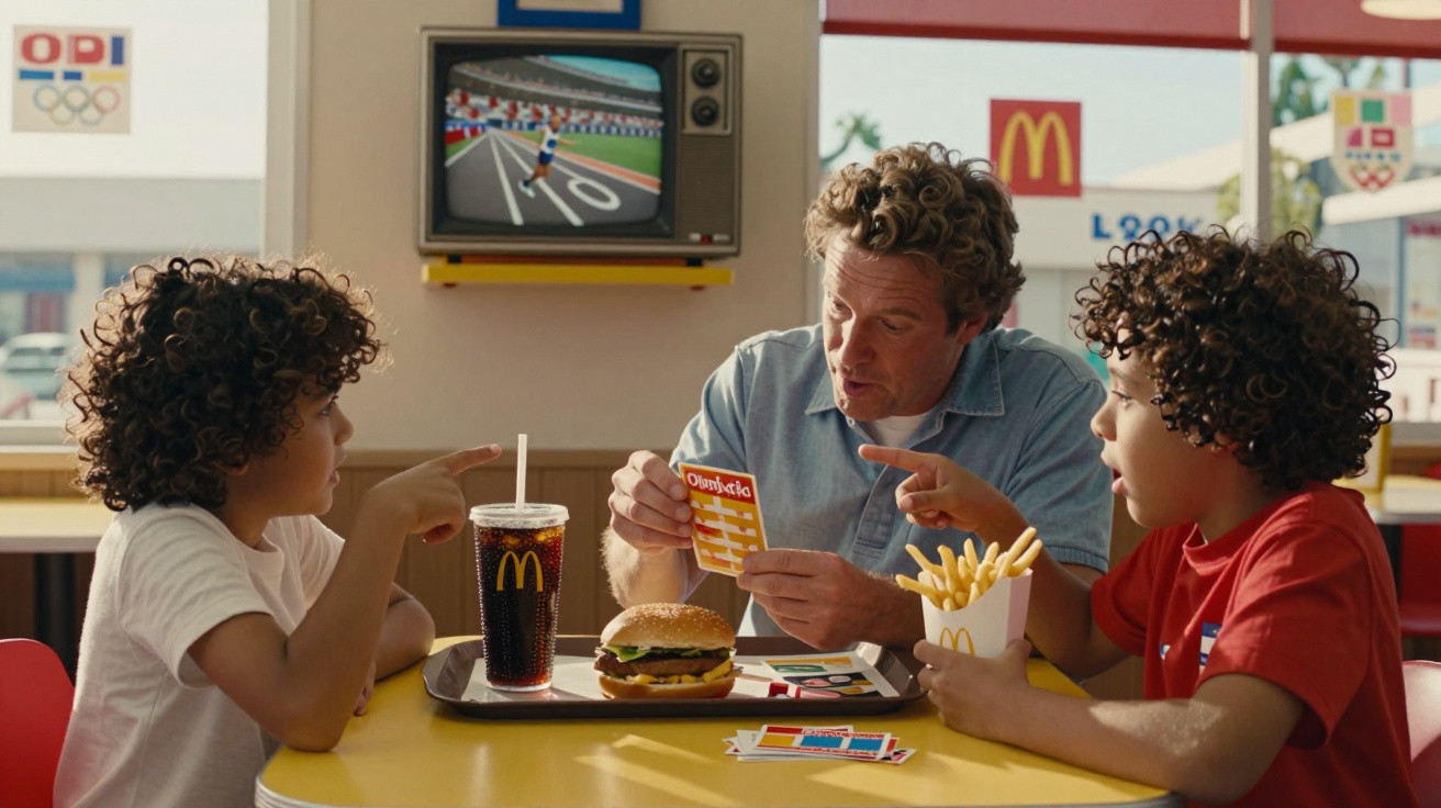 Mann und zwei Kinder spielen im McDonald's mit Spielkarten, essen Burger, Pommes und trinken Cola.