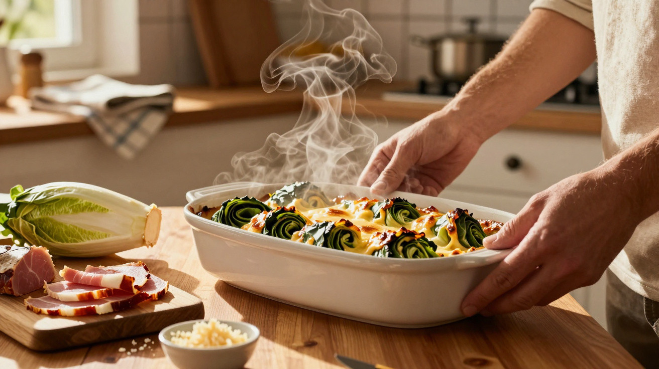 Dampfende Auflaufform mit frisch gebackenem, gratiniertem Gemüse, daneben geschnittener Schinken und Salatkopf.